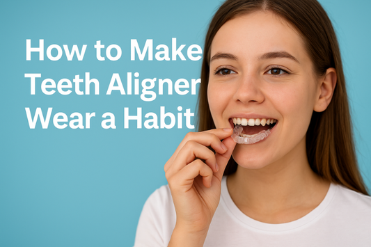 A girl holding aligners with “How to make teeth aligner wear a habit” written on the side.