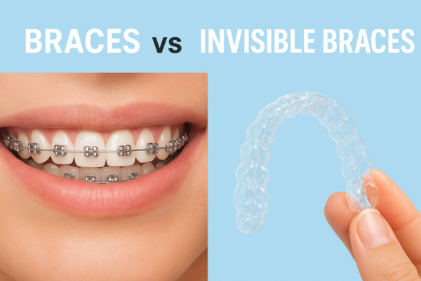 An image of a person wearing braces next to an image of clear aligners.