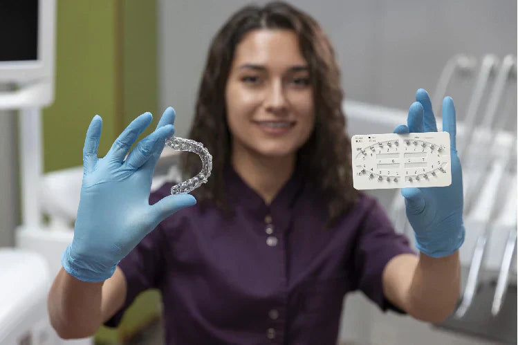 A female dentist holding clear aligners and braces