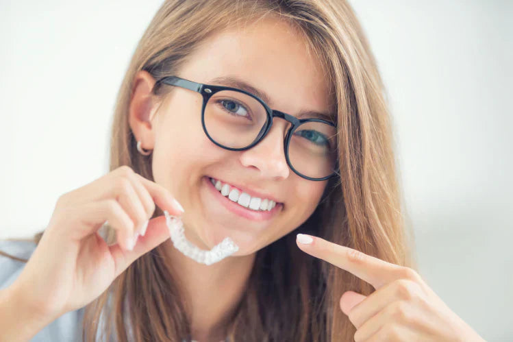 A woman smiling while holding a clear aligner in one hand and pointing the finger of the other hand towards it.