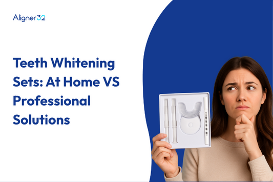 A girl is confused between a Teeth Whitening Set and a Professional Solution.