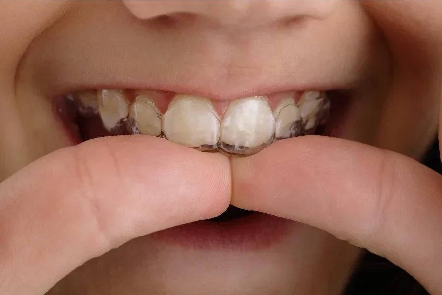 A girl applying clear retainers.