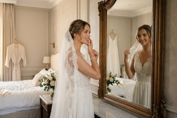 A bride smiling softly at her reflection in a large mirror.