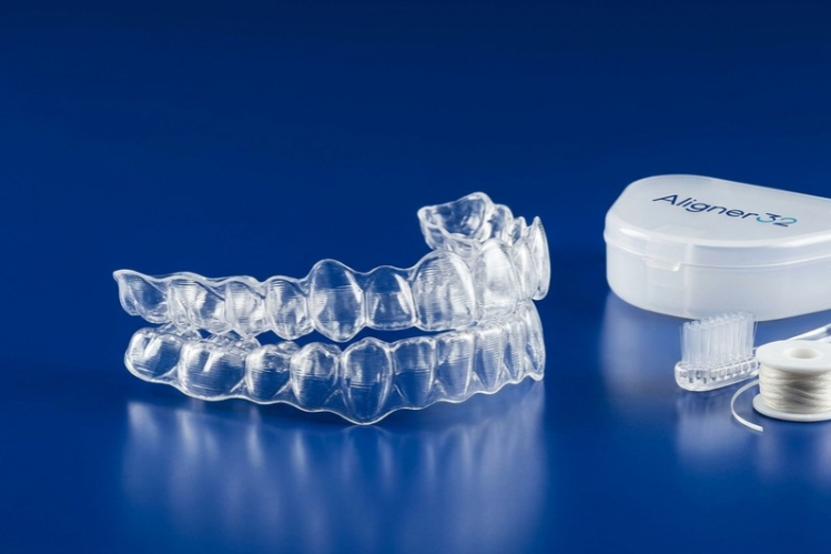 Clear aligner trays and case on a glossy blue surface