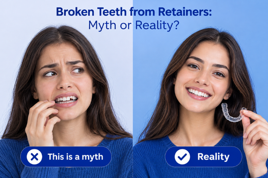 Myth vs reality comparison showing a girl with a retainer and a broken tooth versus a girl with a perfect smile.