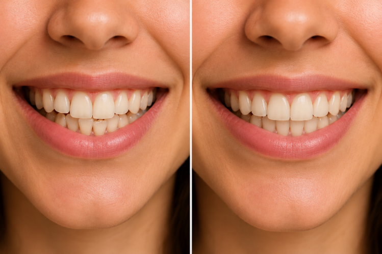 A split-screen comparison of crowded and aligned teeth