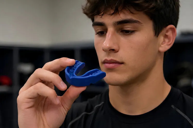 Person holding a clear custom-fit mouthguard and inspecting it before wearing it. 