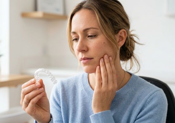 A woman feeling discomfort while putting in retainers