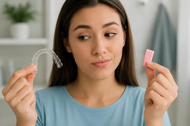 Girl holding a clear retainer and chewing gum