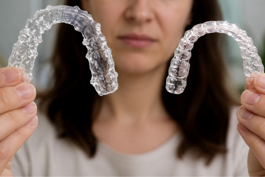Person comparing a DIY retainer with a professionally made clear retainer.