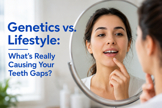 A woman thinking beside a graphic comparing genetic and lifestyle factors for teeth gaps.
