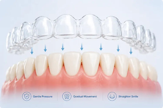 Custom clear aligners gently move teeth into proper alignment with controlled pressure.