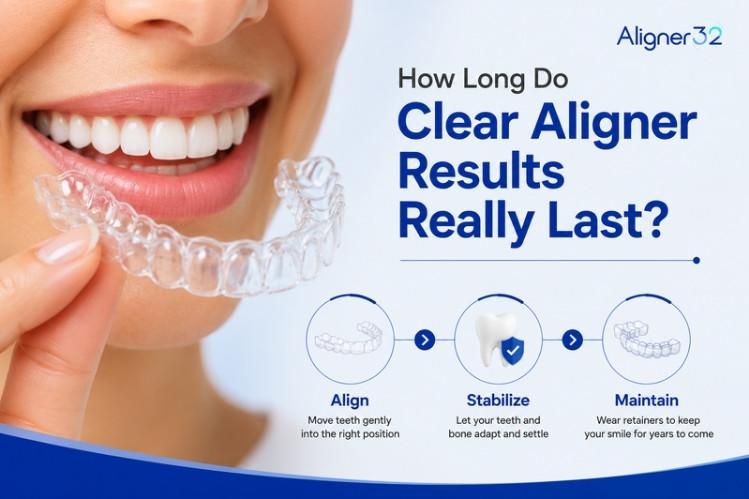 A close-up of a smile, hands holding an aligner tray, and the blog title on the right side.