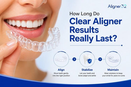 A close-up of a smile, hands holding an aligner tray, and the blog title on the right side.
