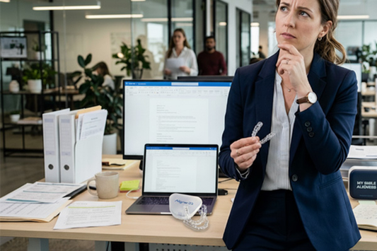 A girl in an office setup holding aligners