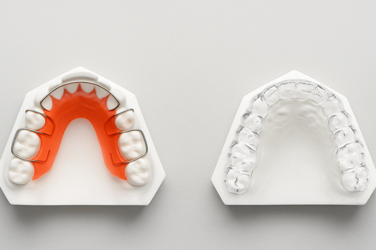 A comparison between metal retainers and clear retainers.