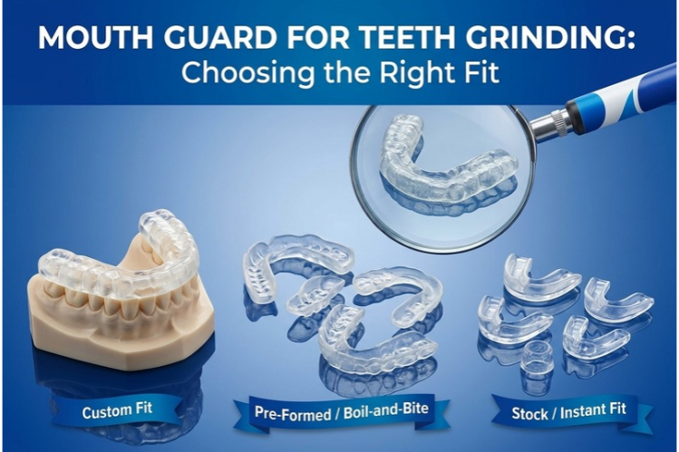 Custom, boil-and-bite and stock mouth guards compared on a blue background