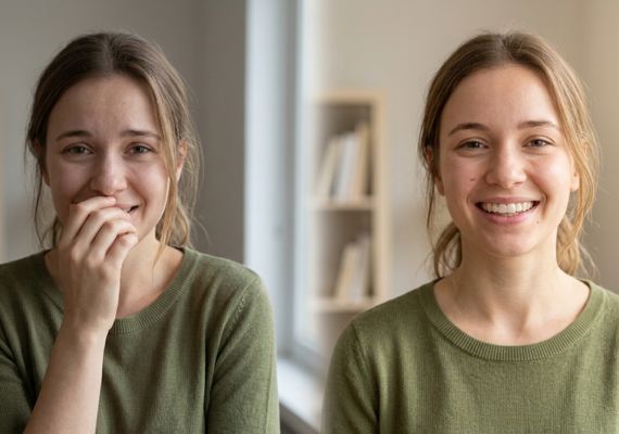 Split image of young woman: hesitant left, confident with clear aligners right.