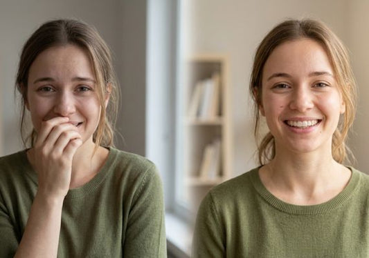 Split image of young woman: hesitant left, confident with clear aligners right.