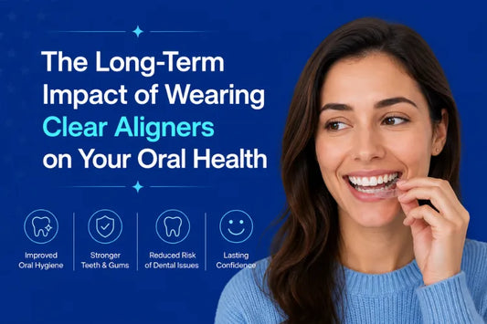  A young woman holding a clear aligner near her smile with key clear aligner benefits listed.