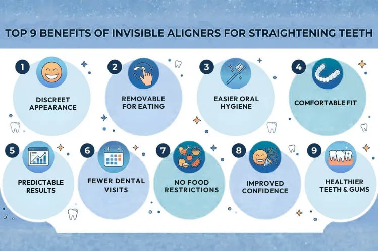 An infographic shows 9 benefits of invisible aligners, showing orthodontic advantages.