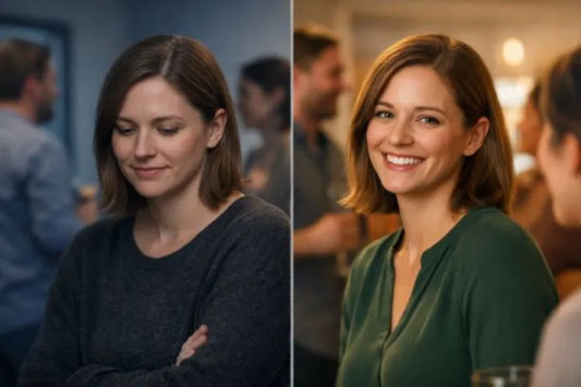 Split image of a woman: socially anxious on left, confident smiling on right while wearing discreet clear aligners.