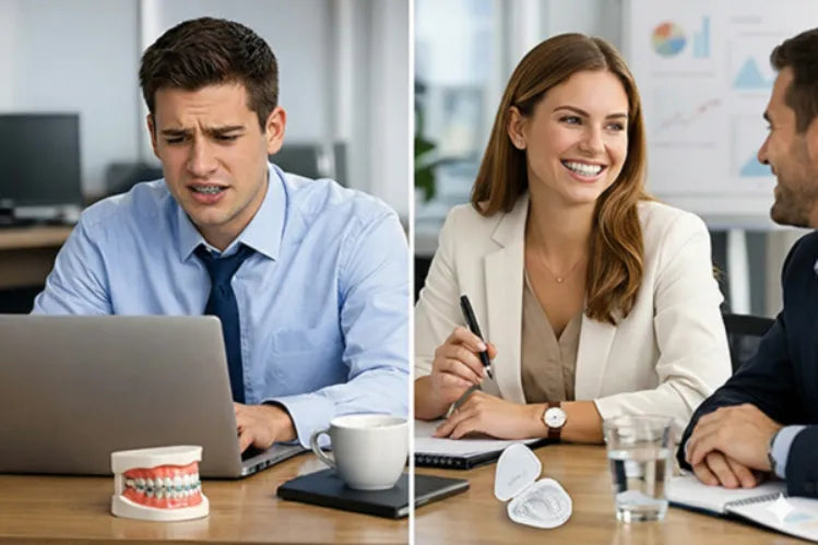 An image shows professionals choosing aligners vs braces
