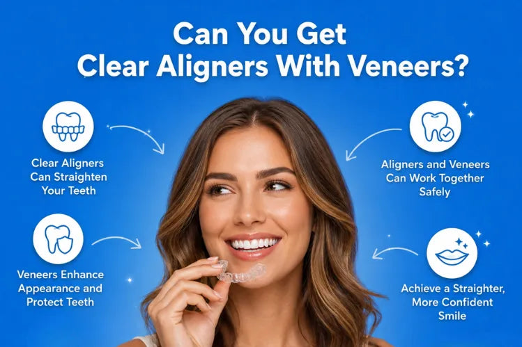  A smiling woman holding a clear aligner in an informational graphic.
