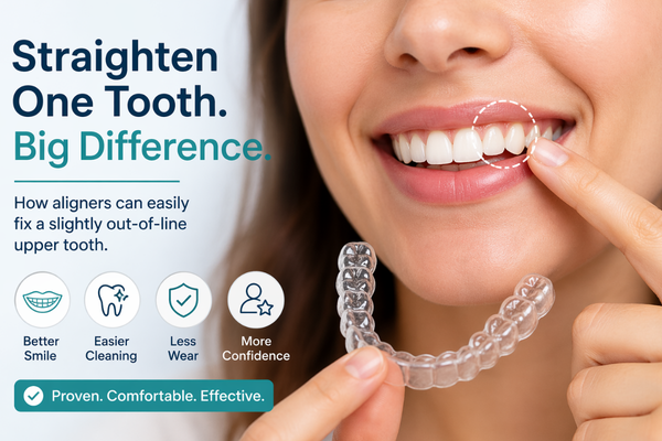  Close-up of a smiling person highlighting a slightly misaligned upper tooth while holding 