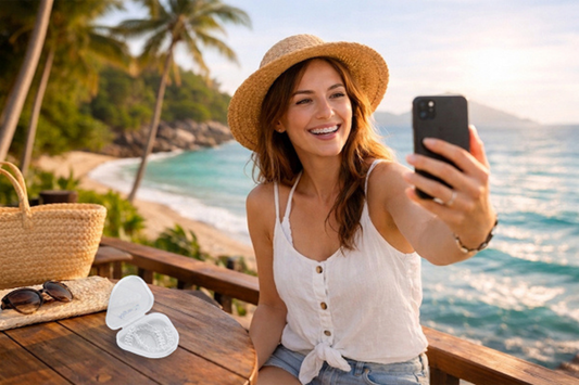 An image shows a girl on vacation, with Aligner32 Clear Aligners on the table