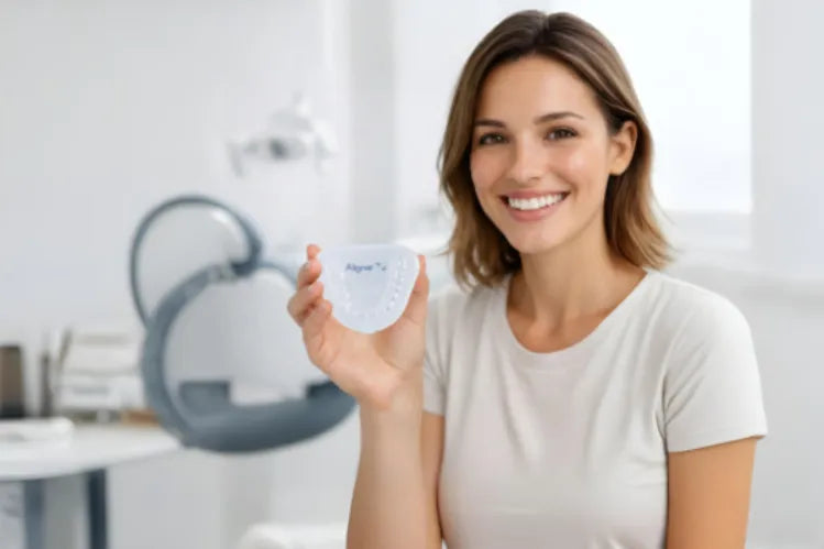 An image shows a smiling woman with a clear retainer 