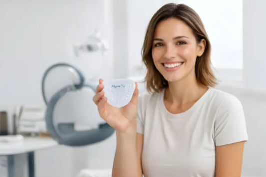 An image shows a smiling woman with a clear retainer 