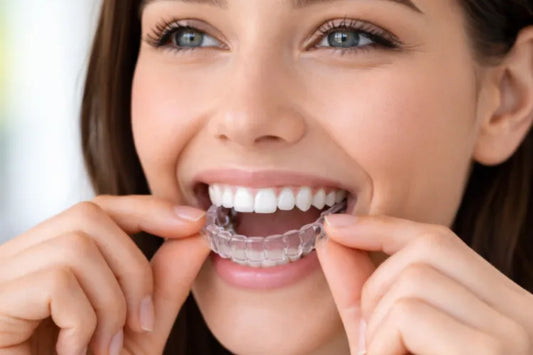 A woman applying a lower teeth retainer.