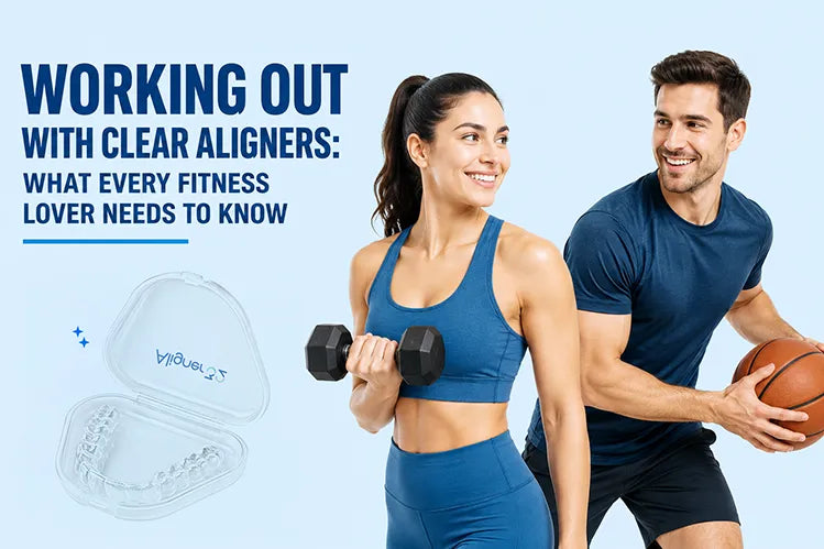 A man and a woman in gym gear while wearing aligners