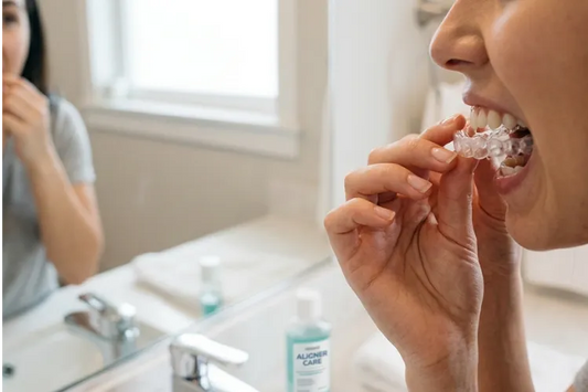  A girl removing clear aligners