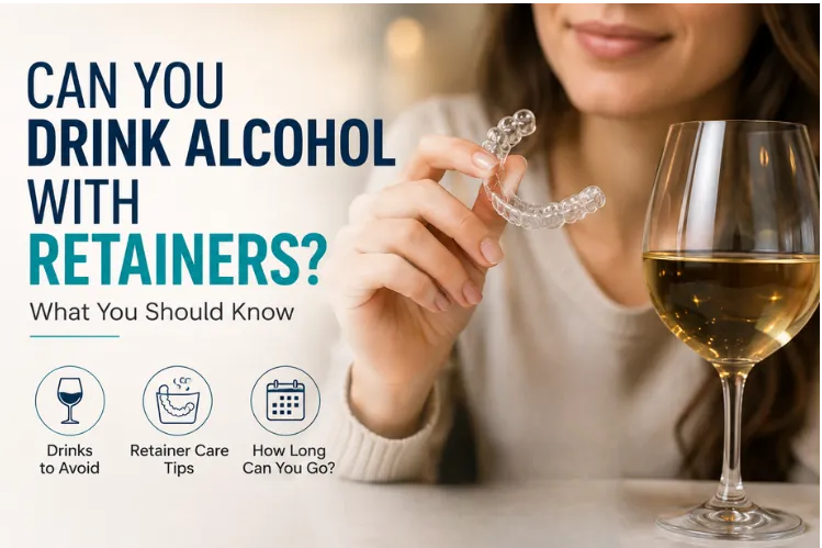  A girl holding retainers with a glass of Alcohol on the table 