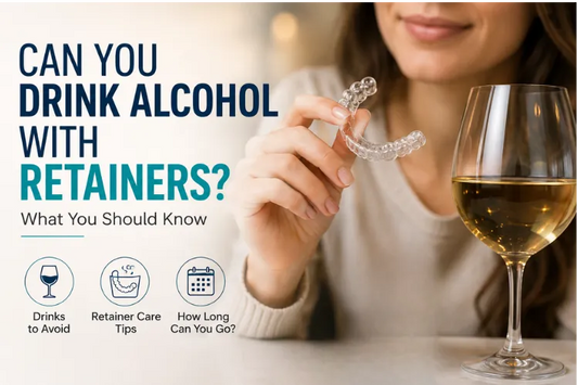  A girl holding retainers with a glass of Alcohol on the table 