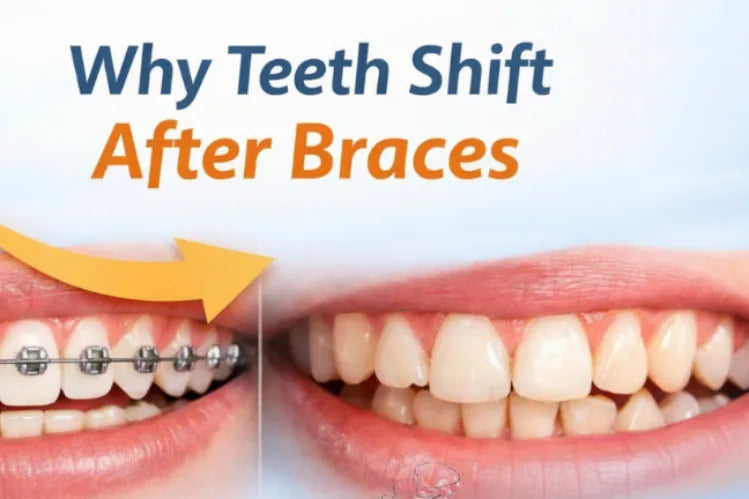 A side-by-side comparison of straight teeth with braces and teeth shifting after braces come off. 