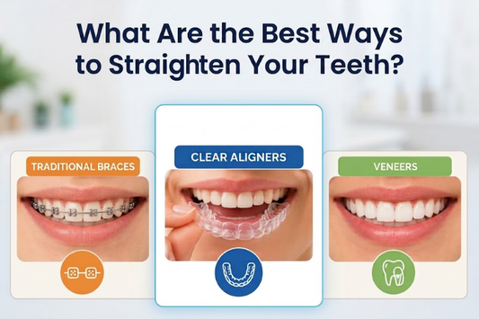 A split-screen illustration of three teeth straightening options: clear aligners, braces, and veneers.